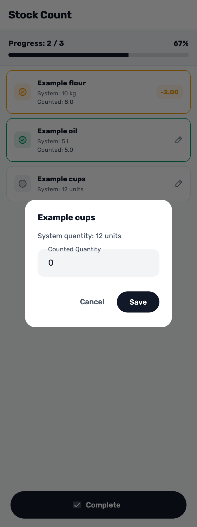 Original Lynxbe screen: No cups left? Enter zero. Stock count with isolated demonstration data.