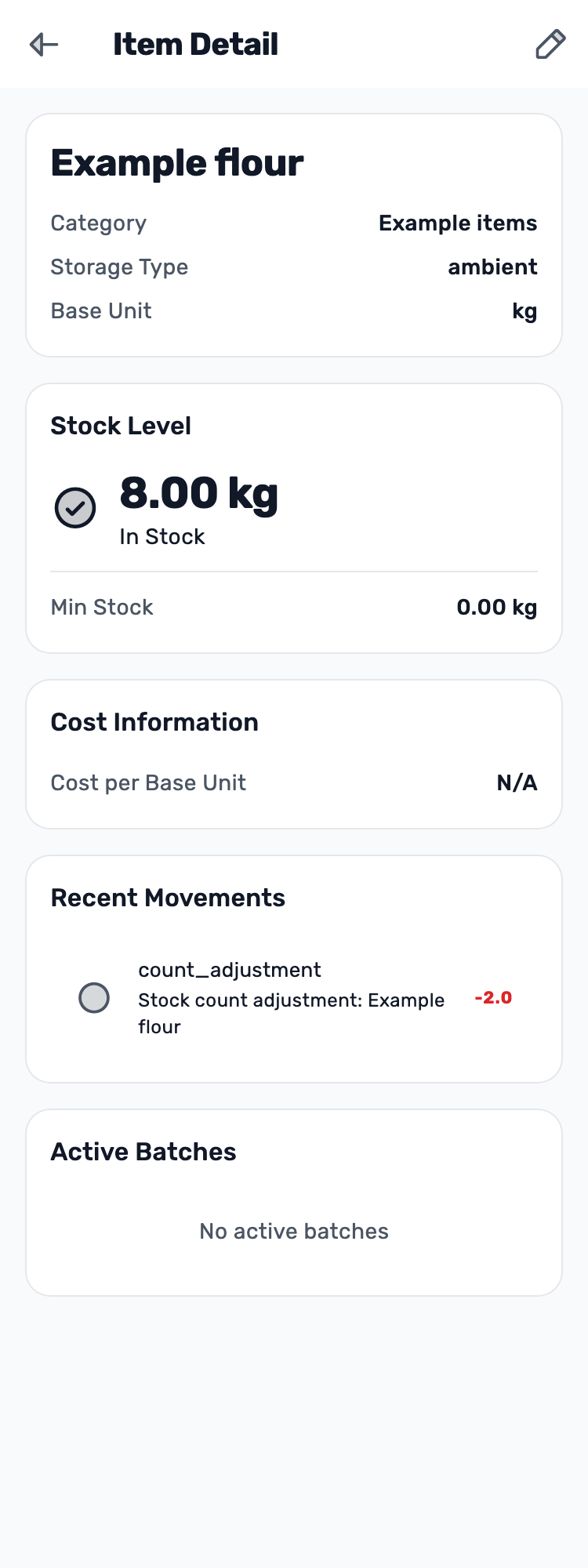 Original Lynxbe screen: Verify: flour is now 8. Stock count with isolated demonstration data.