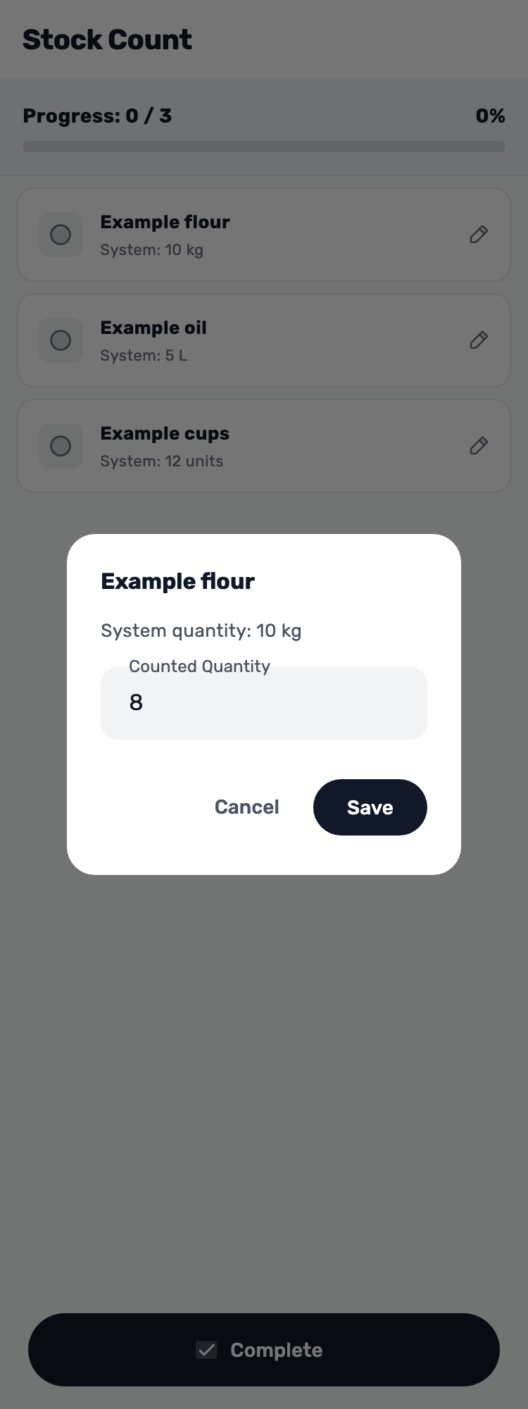 Original Lynxbe screen: Count 8 kg of flour. Stock count with isolated demonstration data.