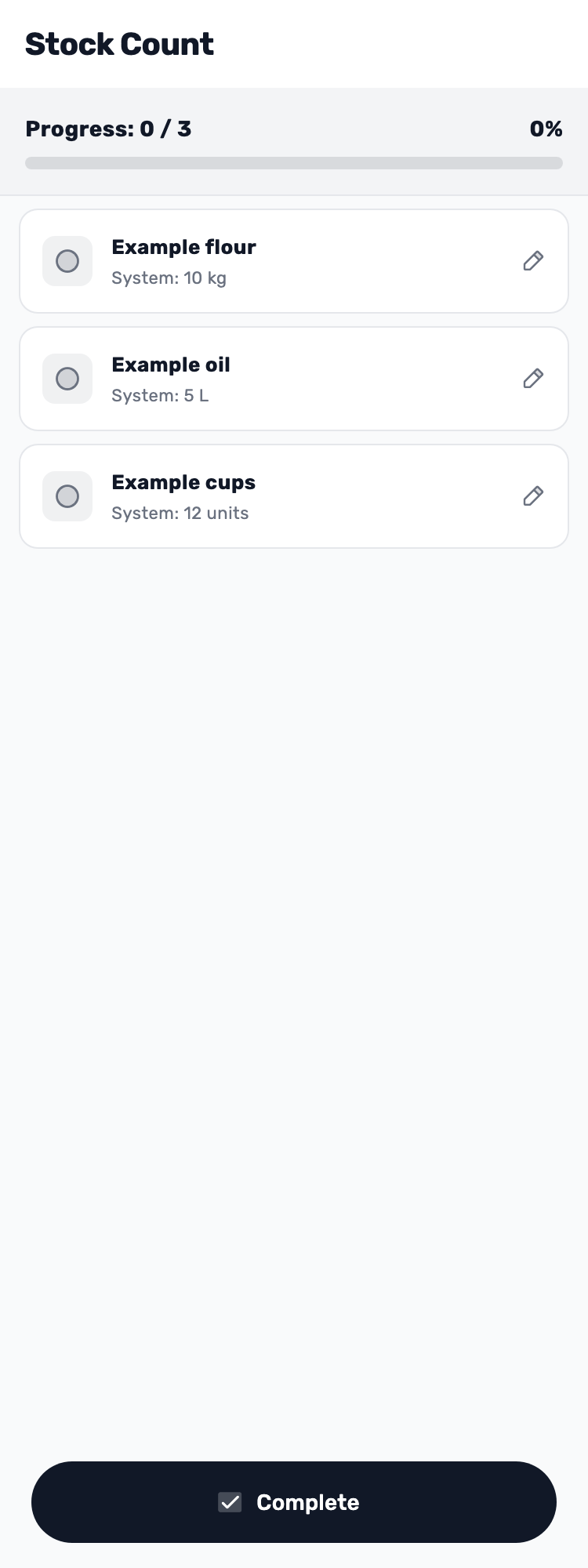 Original Lynxbe screen: Start a full count. Stock count with isolated demonstration data.