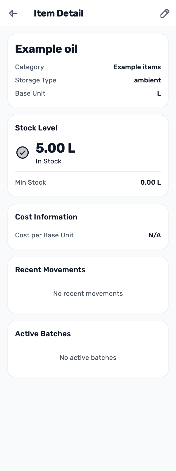 Original Lynxbe screen: Oil matches. The count is checked. Stock count with isolated demonstration data.