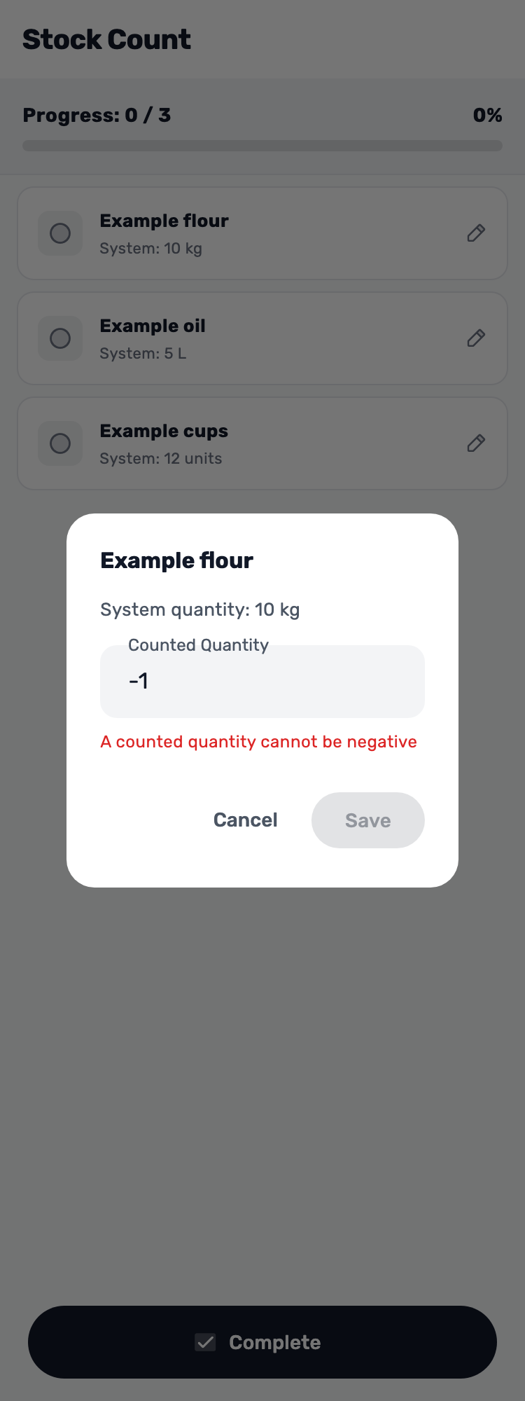 Original Lynxbe screen: Correct a value that cannot be saved. Stock count with isolated demonstration data.