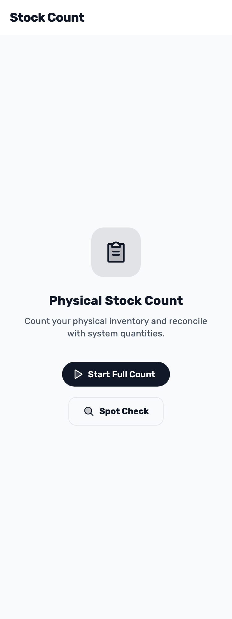 Original Lynxbe screen: Open Stock Count. Stock count with isolated demonstration data.