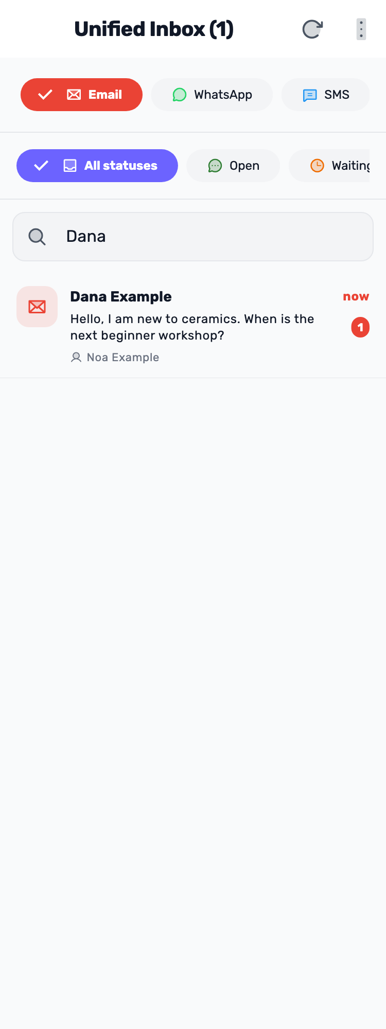Original Lynxbe screen: Back to the inbox. With customer context. Isolated demonstration data.