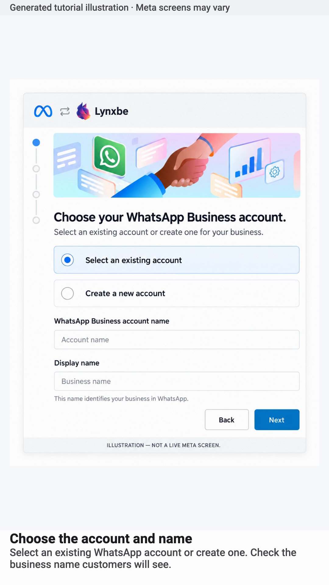 Choose the account and name. Generated tutorial illustration · Meta screens may vary