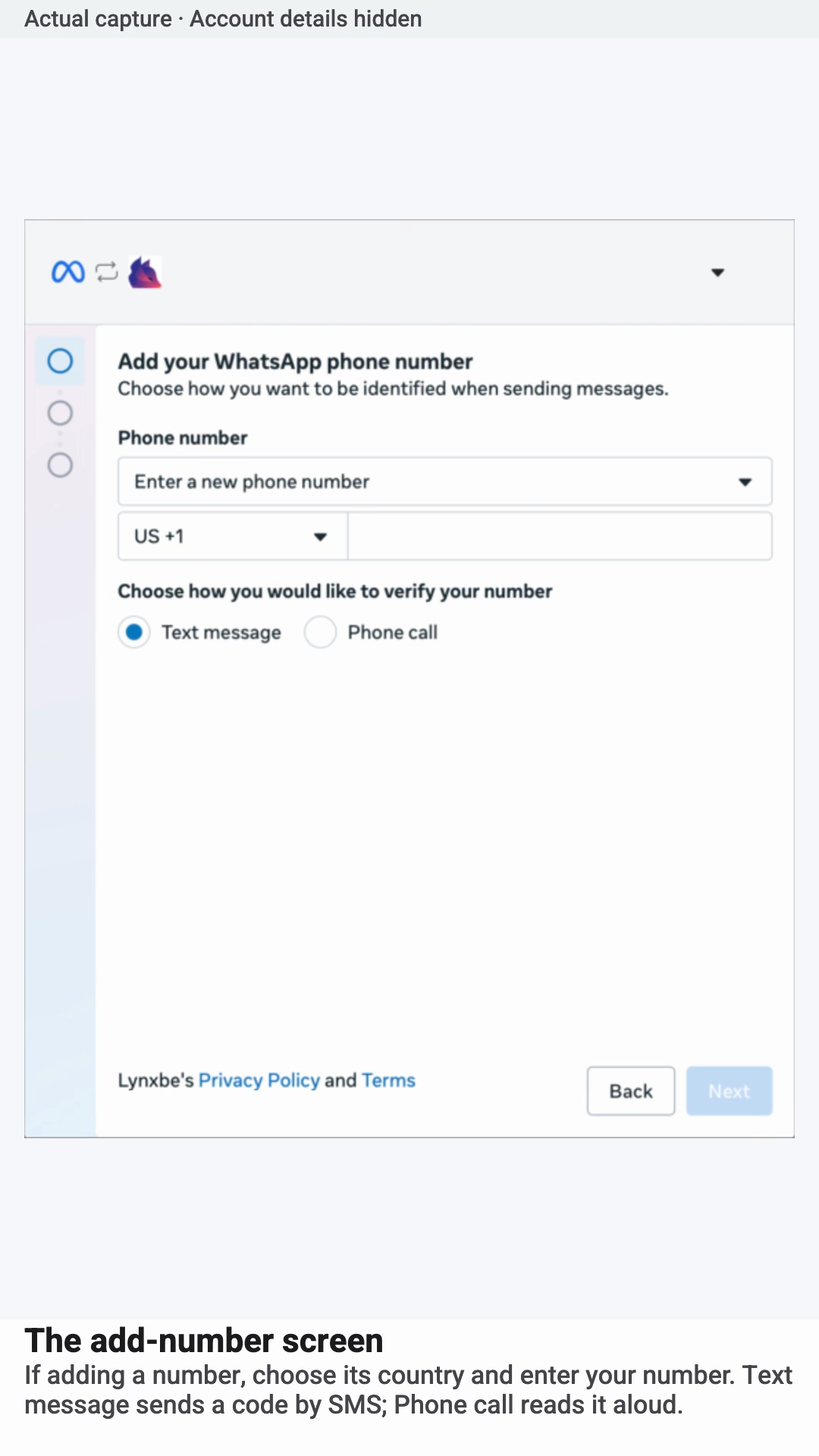 The add-number screen. Actual capture · Account details hidden