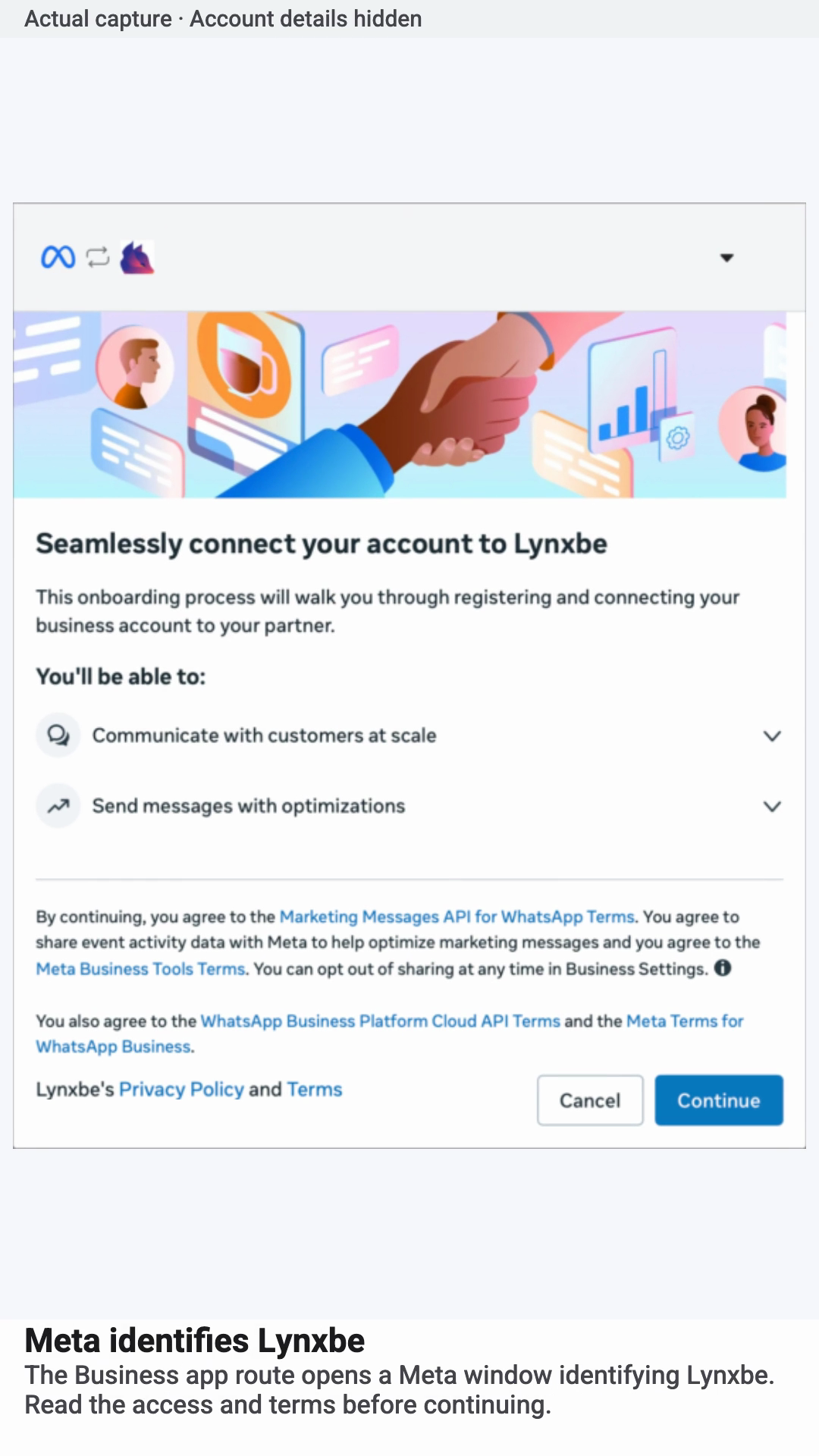 Actual Lynxbe Meta capture: Meta identifies Lynxbe. Account details hidden.