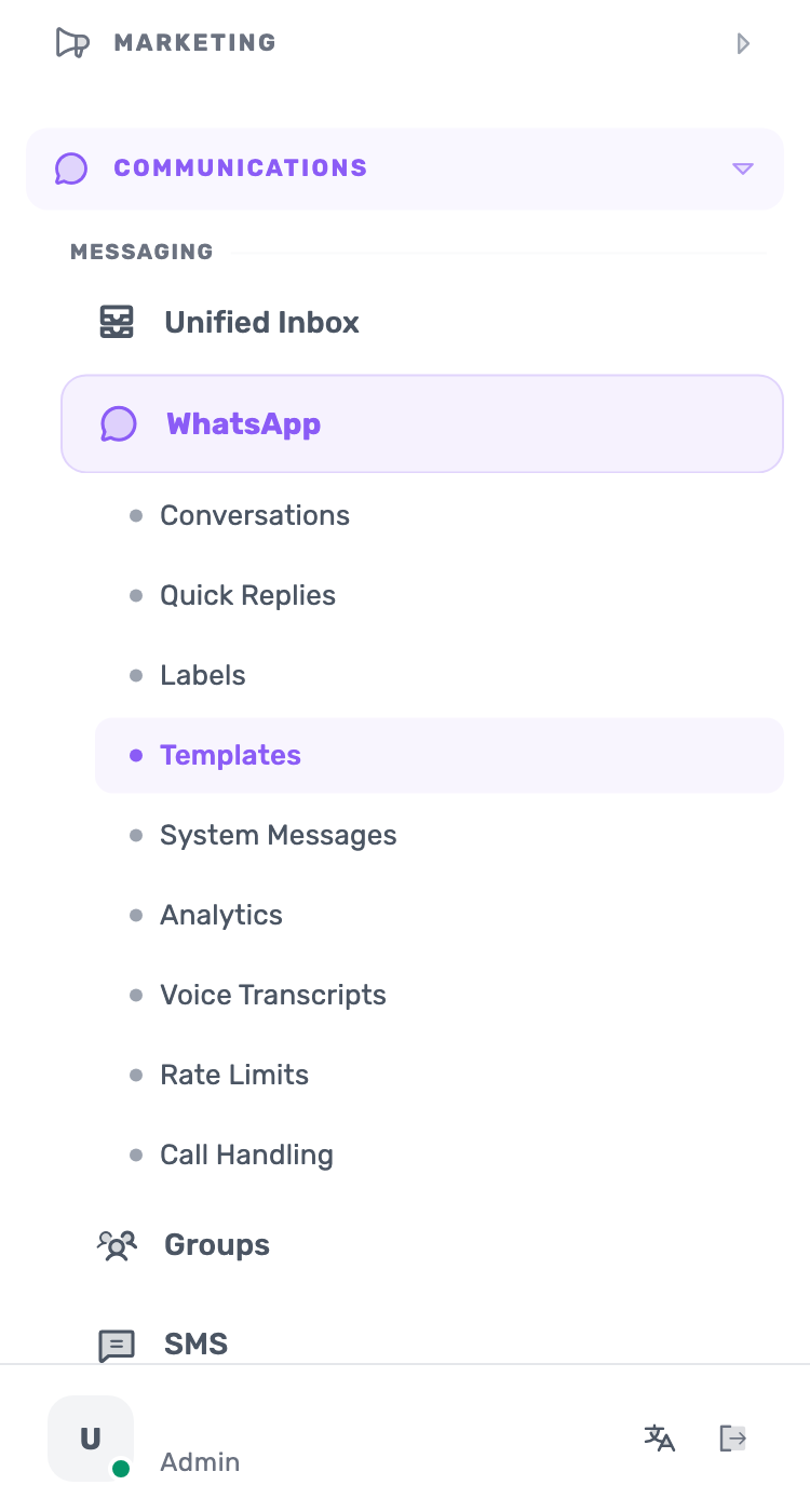 Lynxbe screen: Open Message Templates. Demonstration data.