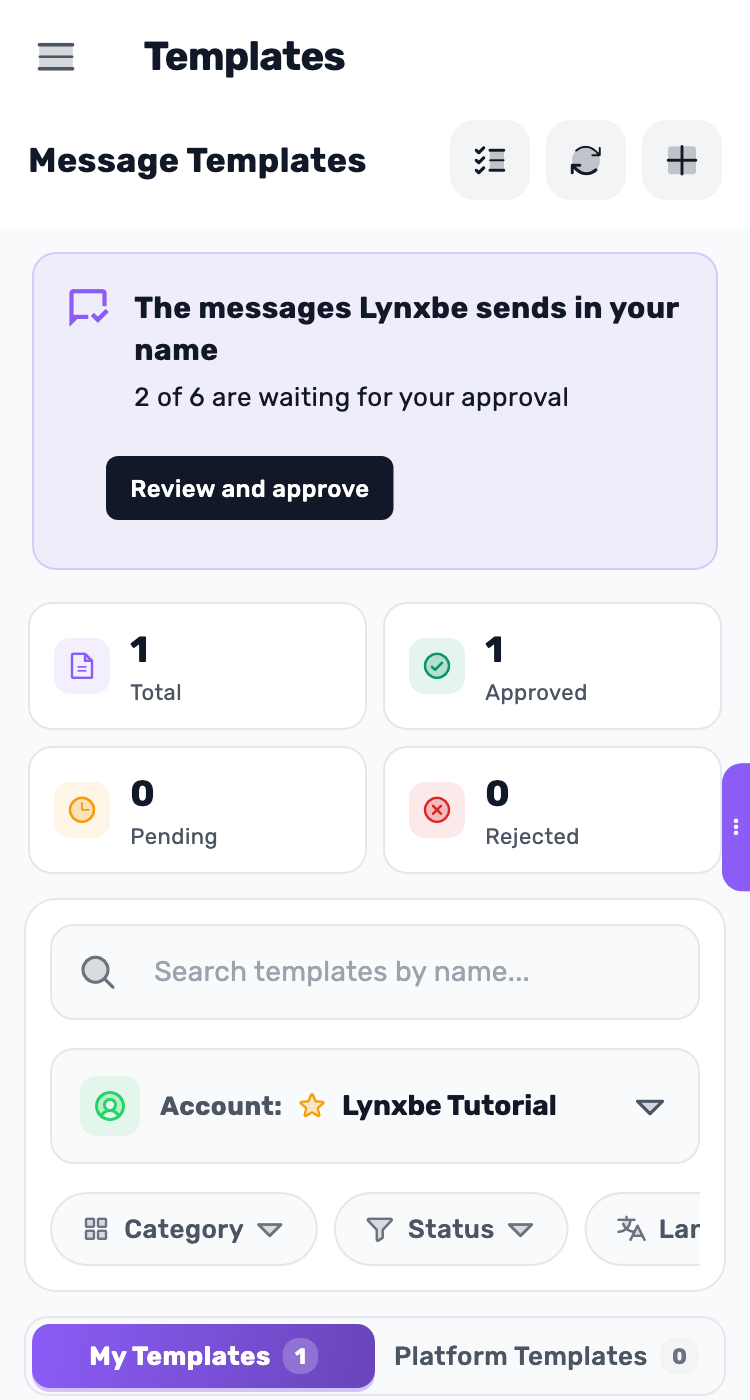 Lynxbe screen: One template. Personal details.. Demonstration data.